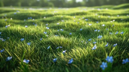 Close-up of green grass with tiny blue wildflowers sprinkled across an expansive meadow.の素材
