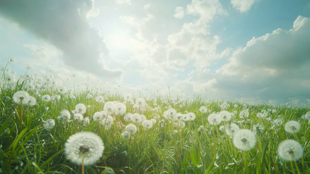 Low-angle shot of a vibrant grass field with dandelions scattered across, under a bright, cloudy sky.の素材