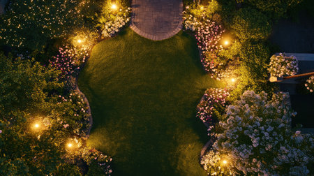 Overhead view of a classic front yard lawn bordered by rose bushes and decorative garden lights.の素材