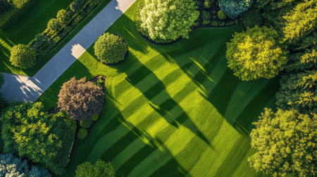 Top view of a freshly mowed green front lawn with geometric patterns, showcasing clean lines and sunlight.の素材