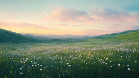 Rolling green field dotted with patches of wildflowers, under a pastel-colored dawn sky.の素材