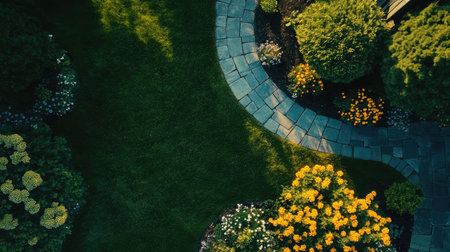 Top-down shot of a front lawn with vibrant green grass, a decorative pathway, and seasonal flowers in full bloom.の素材
