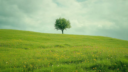 Vast green meadow with patches of wildflowers and a single tree in the distance under a cloudy sky.の素材