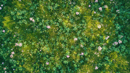Top-down view of a grass field with clovers and wildflowers, bathed in soft morning light.の素材