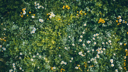 Top view of an untouched green meadow with lush grass and blooming wildflowers.の素材