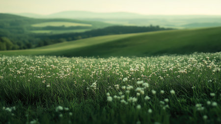Rolling grass fields in the countryside, with patches of wildflowers and small hills on the horizon.の素材