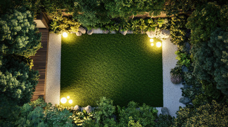 Overhead view of a suburban lawn with lush greenery, bordered by white gravel and small garden lights.の素材