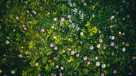 Top view of an untouched green meadow with lush grass and blooming wildflowers.の素材