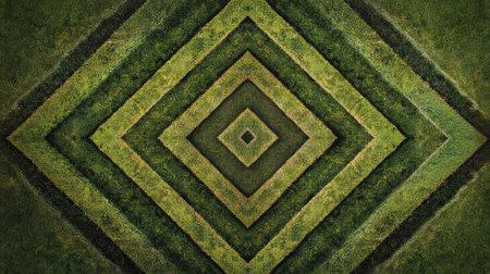 Top-down view of a green grass field with symmetrical patterns created by recent mowing.の素材