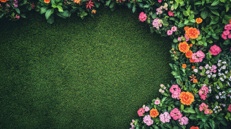 Top-down shot of a front lawn with vibrant green grass, a decorative pathway, and seasonal flowers in full bloom.の素材