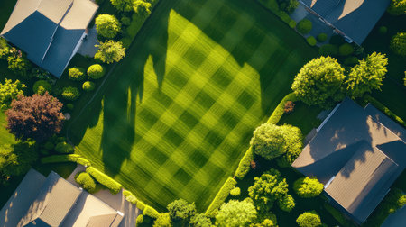 Top view of a freshly mowed green front lawn with geometric patterns, showcasing clean lines and sunlight.の素材