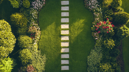 High-angle shot of a front lawn with a simple stone pathway and flower beds on either side.の素材