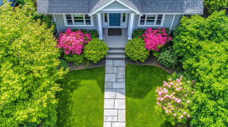 Top view of a charming front yard lawn with flowering bushes and a clean stone walkway leading to the door.の素材