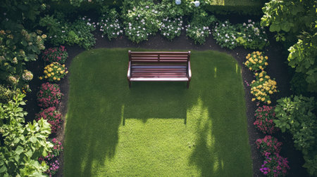 Top view of a charming front lawn with a wooden garden bench surrounded by flower beds and green grass.の素材