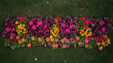 Top-down shot of a front lawn bordered by a hedge with a bright flowerbed in a burst of seasonal colors.の素材