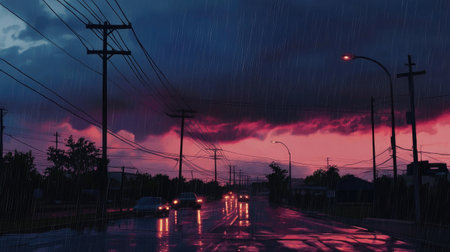 Dramatic cloudy sky during a rainstorm, with dark clouds and streaks of rain in the distance.の素材