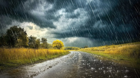 Dramatic cloudy sky during a rainstorm, with dark clouds and streaks of rain in the distance.の素材
