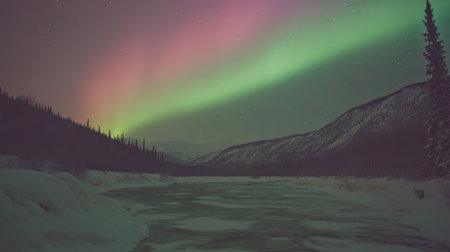 Ethereal green and pink Northern Lights lighting up the night sky above a peaceful snowy forest in winter.の素材