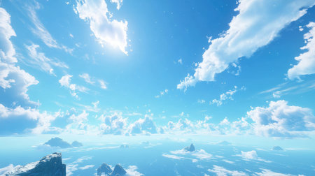 Expansive view of a clear blue sky with a few soft, white clouds drifting peacefully, creating a serene atmosphere.の素材