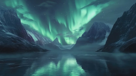 Northern Lights in green and violet stretching across the sky above a tranquil fjord, with reflections on calm waters.の素材