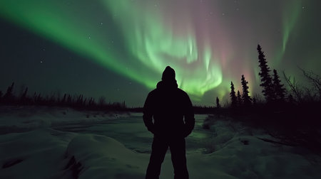 Spectacular aurora borealis in shades of green and pink lighting up the sky over a frozen lake with trees in silhouette.の素材