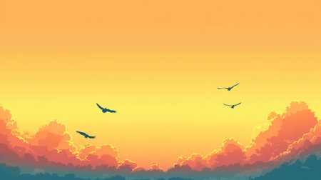 Scenic sunset sky with a soft gradient from yellow to orange, with silhouetted birds flying across.の素材