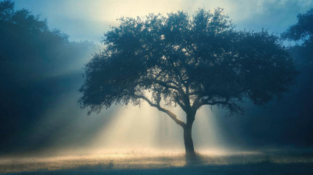 Morning sky with light fog and mist, with soft, diffused light adding a touch of mystery.の素材