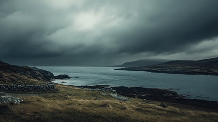 Overcast sky with thick gray clouds, creating a moody and atmospheric scene.の素材