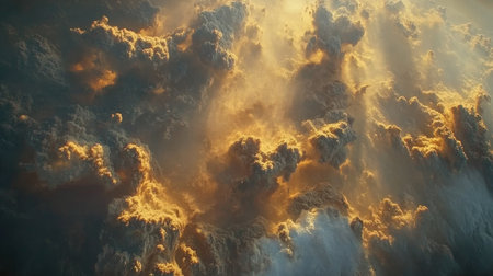 Top-down view of clouds from above, with sunlight casting shadows and creating depth in the scene.の素材