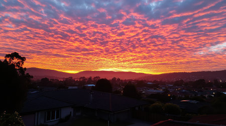 Vibrant sky at dawn with shades of orange and pink illuminating thin clouds, creating a magical start.の素材