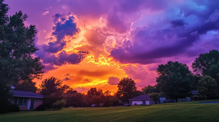 Vibrant sunset with vivid shades of orange and purple, with clouds casting dramatic shadows across the sky.の素材