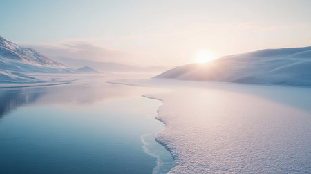 A frozen lake with a layer of snow on top, reflecting the soft light of the winter sunの素材
