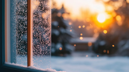 A close-up of frost on a window with snow falling outside and a blurred winter landscape in the backgroundの素材