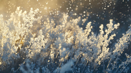 A close-up of frost-covered ground with delicate snowflakes in the winter sunlightの素材