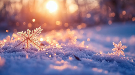 A close-up of frost-covered ground with delicate snowflakes in the winter sunlightの素材