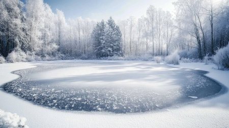 A fresh snowfall covering a frozen pond, with trees in the background coated in white frostの素材