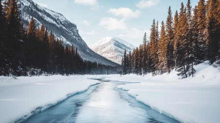 A frozen river cutting through a snow-covered valley with distant trees and mountains in the backgroundの素材