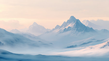 A distant view of a snow-covered valley with mountains rising in the background under a pale winter skyの素材