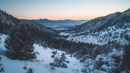 A distant view of a snow-covered valley with mountains rising in the background under a pale winter skyの素材
