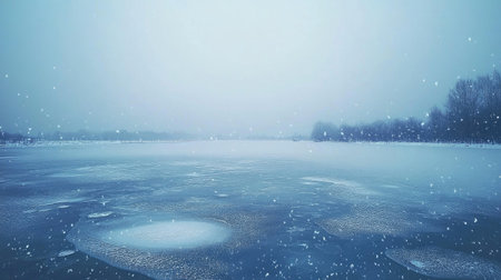 A cold, overcast winter sky with heavy snow falling across an empty frozen lakeの素材