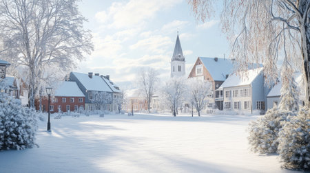 A quiet, snow-covered town square with no people, covered in a thick layer of fresh snowの素材