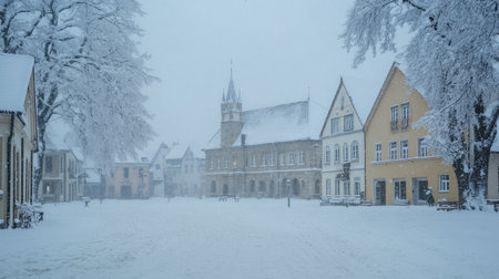 A quiet, snow-covered town square with no people, covered in a thick layer of fresh snowの素材