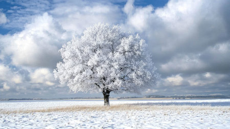 A lone tree covered in snow standing in a vast, open winter field under a cloudy skyの素材