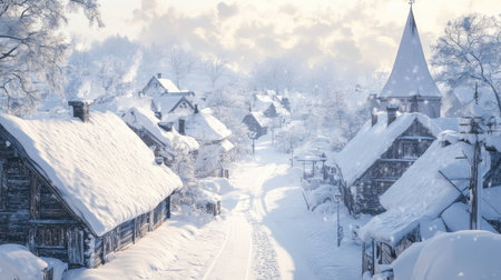 A peaceful snowy village scene, with snow-covered rooftops and frozen streets stretching into the distanceの素材