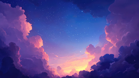 Expansive sky at dusk with a mix of deep blue and purple, with stars beginning to emerge.の素材