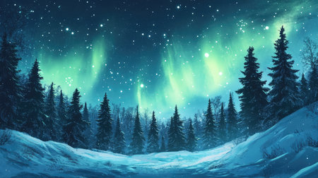 Dazzling display of Northern Lights in a vivid green, dancing above a snowy pine forest in the Arctic night.の素材