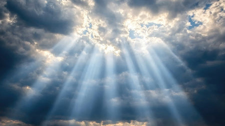 Dark stormy sky with dense gray clouds and a hint of sunlight breaking through in the distance.の素材