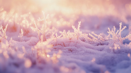 A close-up of frost-covered ground with delicate snowflakes in the winter sunlightの素材