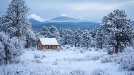 A frost-covered cabin in the woods surrounded by snow-covered trees and mountains in the distanceの素材