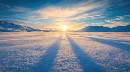 A frosty landscape with the sun casting long shadows across the snow-covered groundの素材